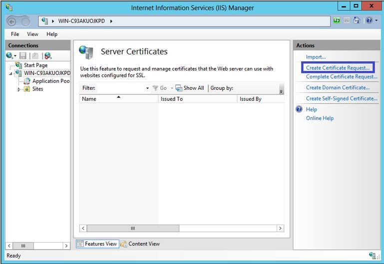 Demande de création de certificat IIS 8